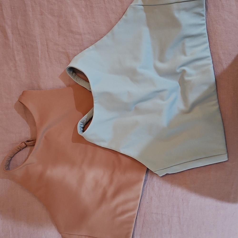 2 girlfriend collective Topanga sports bras colors brownie and sky SMALL